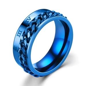 Blue Stainless Steel Chain Spinner Ring | Roman Numeral Band Fidget Ring